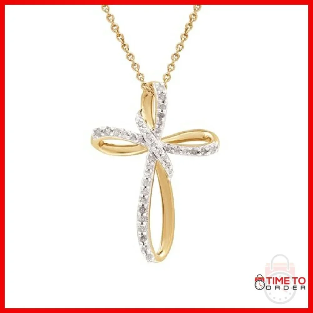 14K Gold Plated Sterling Silver Diamond Cross Pendant Necklace 18